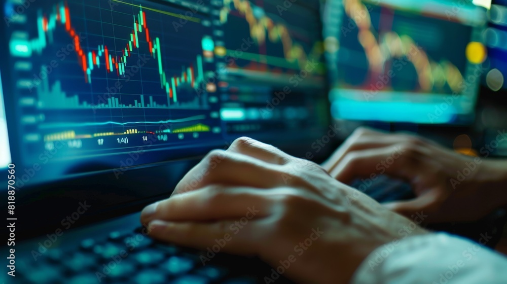 Poster hands of a trader typing on a keyboard with financial graphs on the screen