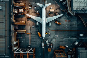 Aerial View of Busy International Airport Cargo Area with Planes Loading and Unloading Goods