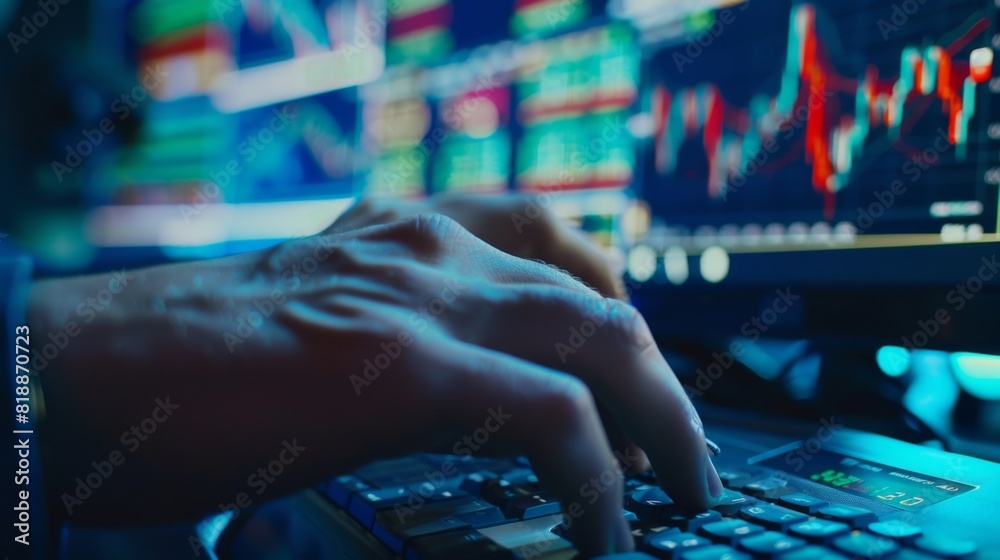 Leinwandbilder hands of a trader typing on a keyboard with financial graphs on the screen