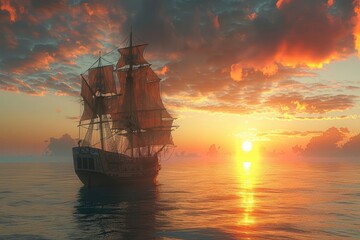 Beautiful detailed old merchant ship by sunset 
