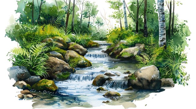 A beautiful watercolor painting of a babbling brook in the forest