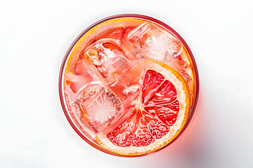 Pink cocktail with vodka, grapefruit and ice, soft cocktail, refreshing summer drink, isolated on white, top view