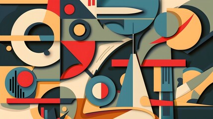 Vibrant Geometric Abstract Composition with Bold Color Shapes and Overlapping Patterns