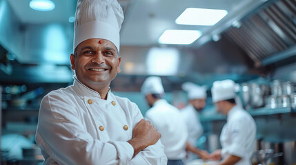 Indian male chef standing at restaurant kitchen