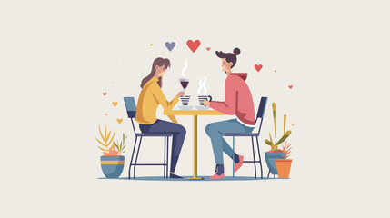 Young love couple sitting at table with coffee in cafe