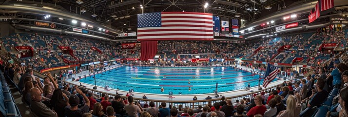 Competitive swim meet start line with swimmers in pool under US flag at championship competition