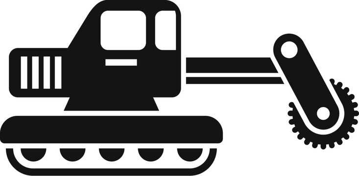 Black vector icon of a tracked excavator with a saw attachment for construction and forestry use