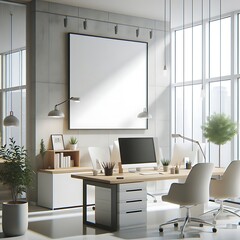 A office room with a mockup poster empty white and with a desk and computer in office realistic image lively realistic has illustrative.