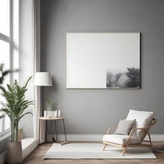 A office room with a mockup poster empty white and with a large window and a chair and a plant realistic card design realistic lively.