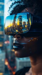 Futuristic Young Woman Wearing VR Glasses Viewing Urban Cityscape at Dusk