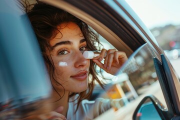 Naklejka premium Daily Skincare Routine: Woman Applying SPF Moisturizer Before Commuting