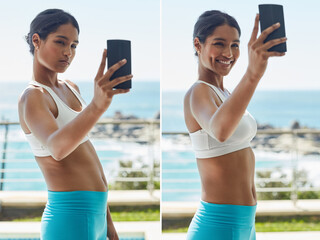 Woman, face and fitness at home with selfie for profile picture on social media, blog and video...