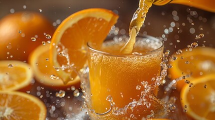 Pouring orange juice into the glass on wooden table in orange farming.