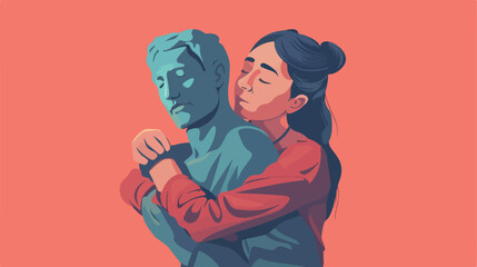 Young woman hugging statue of man. Concept of idealiz