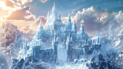 majestic ice castle rises in a serene frozen landscape with cloudy winter  in background 