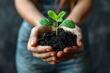Sustainability and Growth: Hands Holding a Young Green Plant in Rich Soil for Environment and Nature Conservation Posters