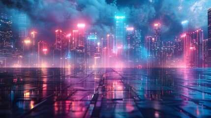 Futuristic Neon Lit Cityscape with Glossy Surfaces for Tech Product Display
