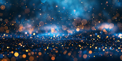 abstract blue gold glitter light particles bokeh background,abstract background with blue  and gold  bokeh lights and particles on black background , a gold and blue  background with lights, banner