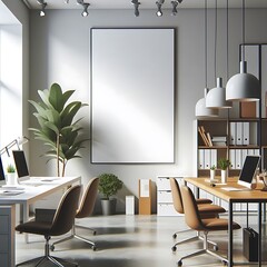 A Room with a mockup poster empty white and with a large white rectangular table and chairs in office realistic art used for printing lively has illustrative.