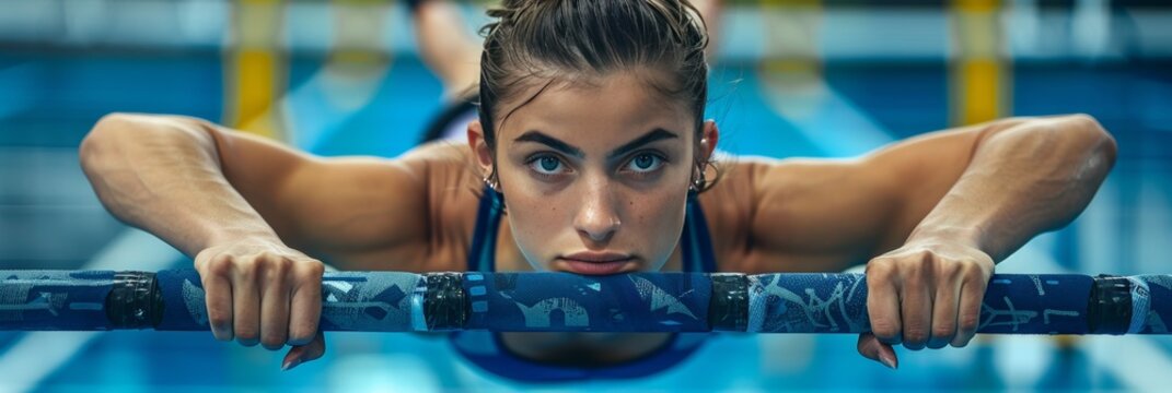 Gymnast performing acrobatic element on parallel bars banner, athletic artistic performance