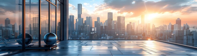 Obraz premium Modern Rooftop Fitness Backdrop with Panoramic City Skyline for Product Presentation and Lifestyle Imagery