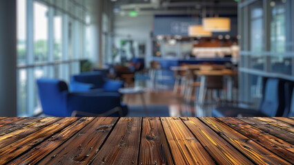 Wooden office table against a blurred background of a modern office, perfect for presenting and...