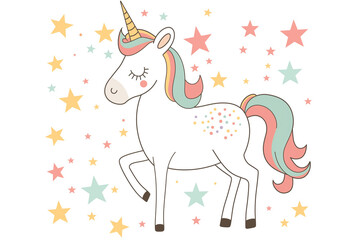 unicorn and stars simple drawing, flat cartoon.