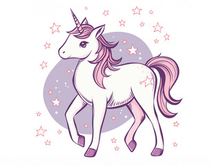 unicorn and stars simple drawing, flat cartoon.