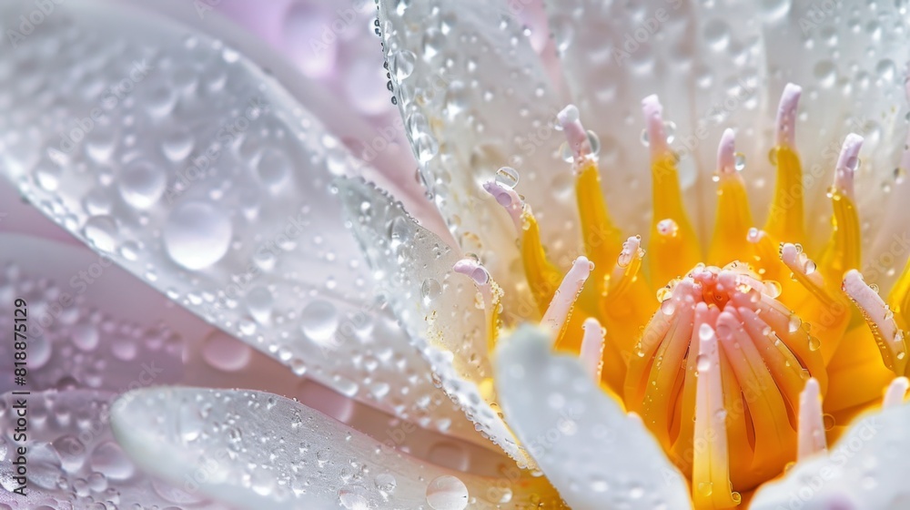 Poster macro photography of dew drops sparkling on the surface of a white lotus flower
