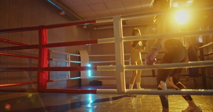 Focused female athlete in a dynamic training session in a boxing ring illuminated with dramatic lighting, showcasing strength, agility, and determination
