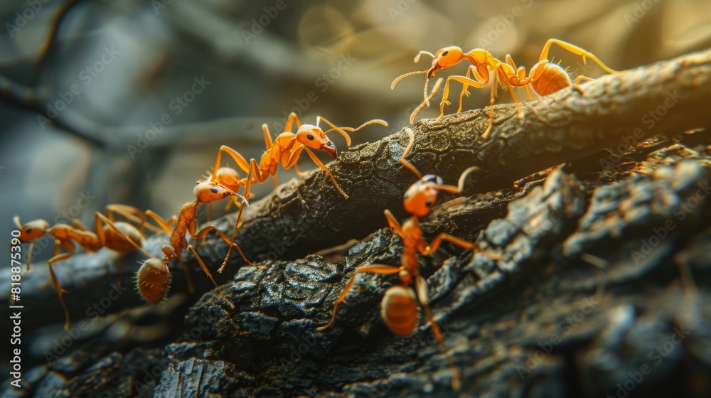 Poster Macro shot of ants interacting on a tree branch