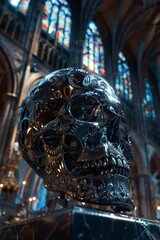 Intricate Metallic Skull in Gothic Cathedral
