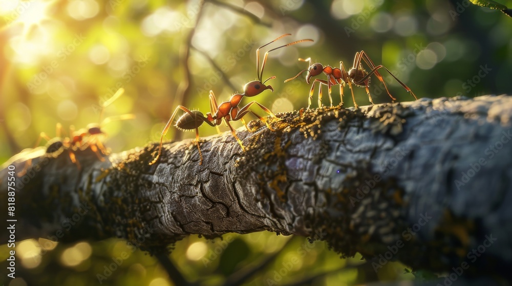 Poster Macro shot of ants interacting on a tree branch