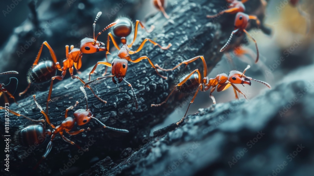Poster Macro shot of ants interacting on a tree branch