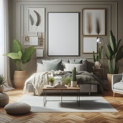 bedRoom with a mockup poster empty white and sets have mockup poster empty white have mockup poster empty white with a bed and plants meaning image used for printing.
