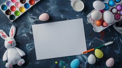 Blank card with paper rabbits Easter eggs markers 