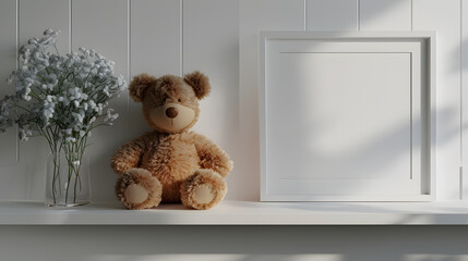 Kids room decoration, blank picture frame, plush bear toy isolated on white background, realistic, png
