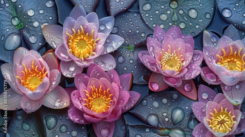 Aufkleber macro shot of raindrops creating patterns on the surface of a pond dotted with lotus flowers
