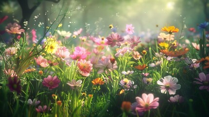 Obraz premium Colorful Wildflowers Blooming in a Meadow on a Sunny Day