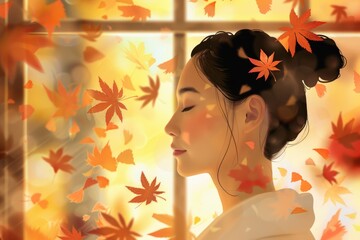 Autumn Relaxation: Woman Enjoying Spa Treatment with Falling Leaves - Perfect for Seasonal Beauty Concepts and Calming Autumn Imagery