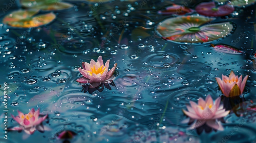 Aufkleber macro shot of raindrops creating patterns on the surface of a pond dotted with lotus flowers