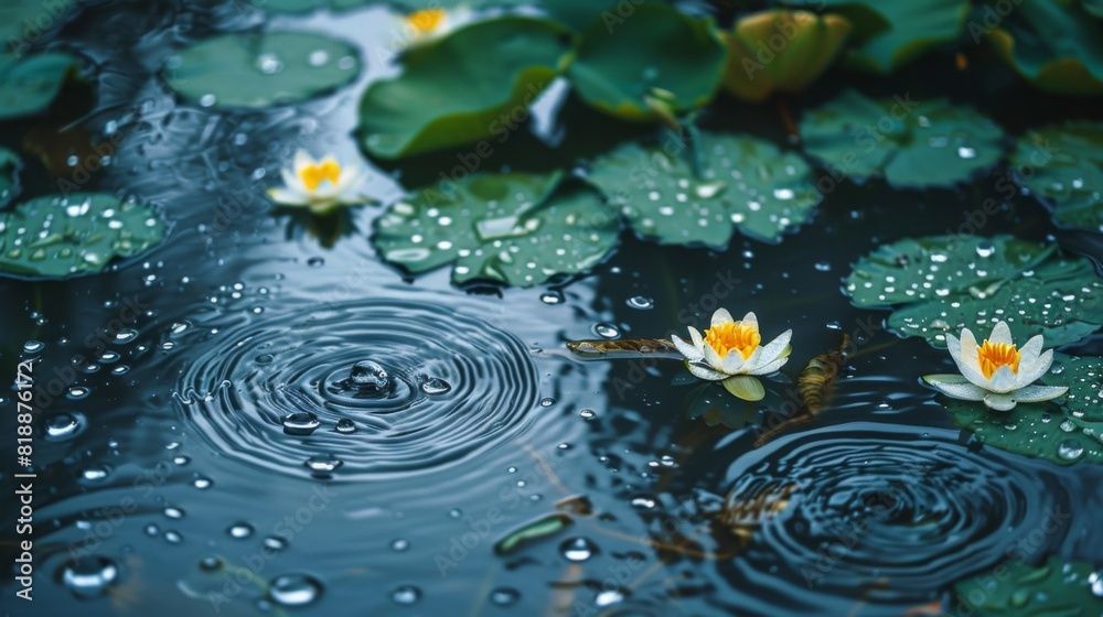 Poster macro shot of raindrops creating patterns on the surface of a pond dotted with lotus flowers