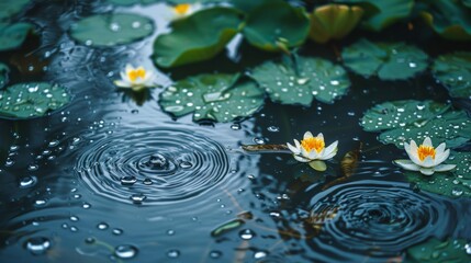 Macro shot of raindrops creating patterns on the surface of a pond dotted with lotus flowers