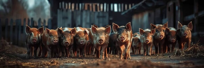 Charming piglets in a rustic barn pen banner - high quality image available for sale