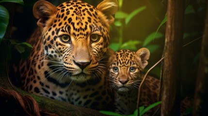 Obraz premium Close-up of a majestic leopard and its cub in a lush jungle setting, highlighting the beauty of wildlife and nature in their natural habitat.