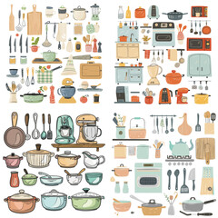 A vintage kitchen illustration featuring cookware, utensils, pots, pans, cutting boards, blenders, stoves, ovens, and baking essentials in a cozy and artistic design.