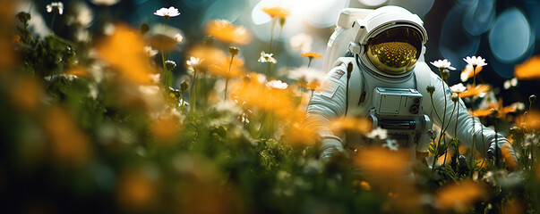 Astronaut Exploring a Field of Flowers