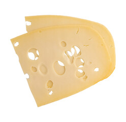 maasdam cheese slices with holes closeup, swiss cheese isolated, top view