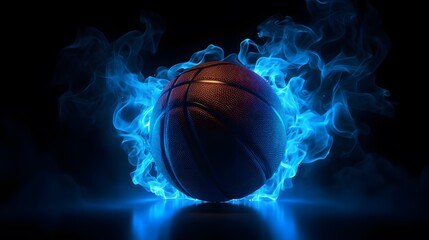 Black basketball with blue glowing neon lines. Generative AI.