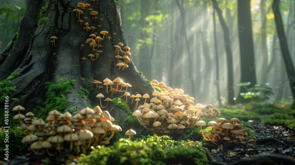 Poster Mushrooms sprouting from the damp soil around the base of a towering tree